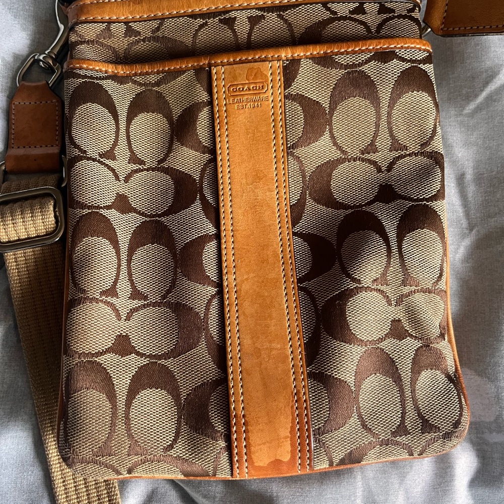 Coach Brown and Tan Crossbody Bag with Signature Monogram